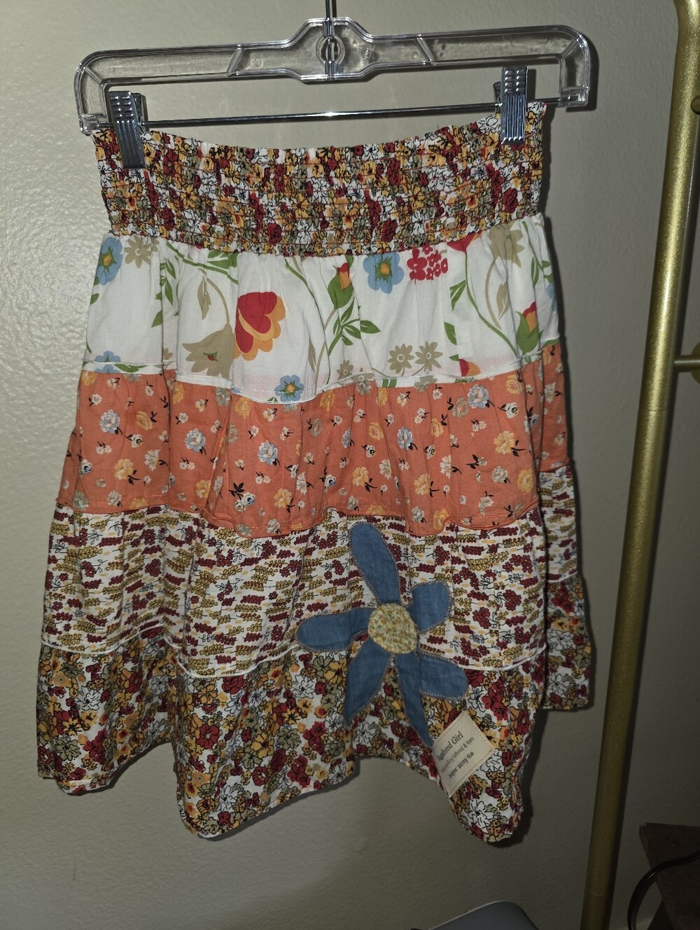 Star City Floral Patchwork Tiered Mini Skirt Smocked Waist Boho Cotton Womens S